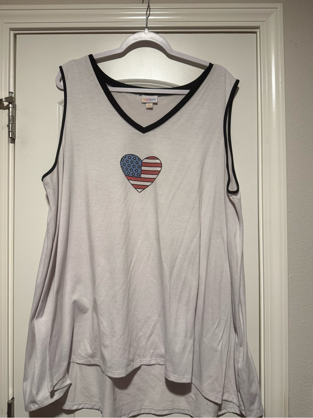 LuLaRoe White Sleeveless V-Neck Tank with Black Trim and Flag Heart